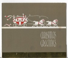 Used Vtg CHRISTMAS CARD-approx 5x4" Brown Card w/White Red Stagecoach Horses