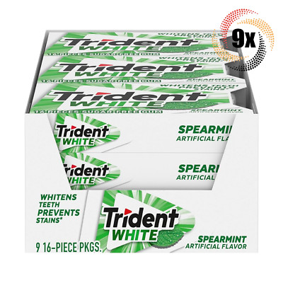 Full Box 9x Packs Trident White Spearmint Chewing Gum | 16 Pieces Per Pack