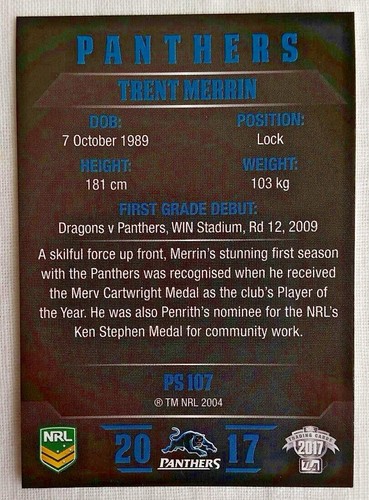 2017 NRL Traders Parallel PS107 - Trent Merrin Penrith Panthers - Picture 2 of 2