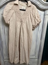 Umgee Beige Smocked V-Neck Puff Sleeve Smock Midi Dress Womens Size S