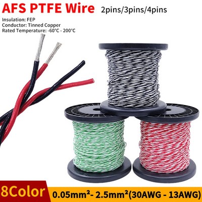 10METERS PTFE Wire AFS200 2pins 26/24/22AWG FEP Twisted Pair Tinned Copper
