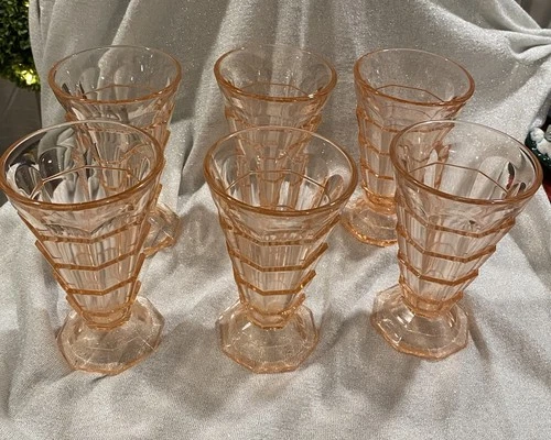 (6) Indiana Glass Co Tea Room Pink 11 oz Tumbler 6 1/8" Depression Uranium FLAWS
