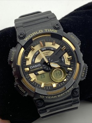 Casio Mens 5479 AEQ-110 Sport Watch 46mm Black Gold Tone Dial World Time
