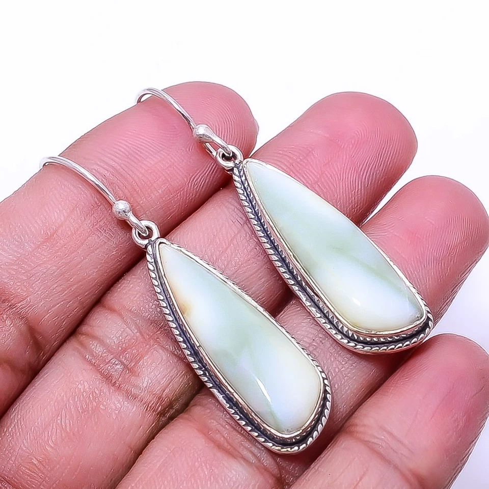 Natural Serpentine Handmade 925 Sterling Silver Earring 1.76" E, Christmas Gift - Image 4 of 4