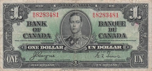Canada $1 Ottawa, 2.1.1937 Serie B/N Kg. Banconota circolata G. VI ES Z