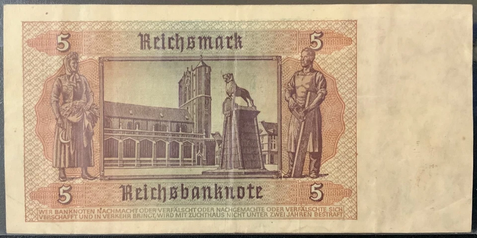 Papel moneda de Alemania 1942 - ¡Billete de 5 Reichsmark! Foto 2 de 2