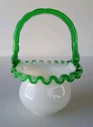FENTON VINTAGE EMERALD CREST RUFFLED RIM MILK GLASS BASKET