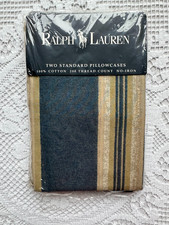 VTG 90s RARE Ralph Lauren Blue Gold Beige Stripe Standard 2 Pillowcases USA NEW 