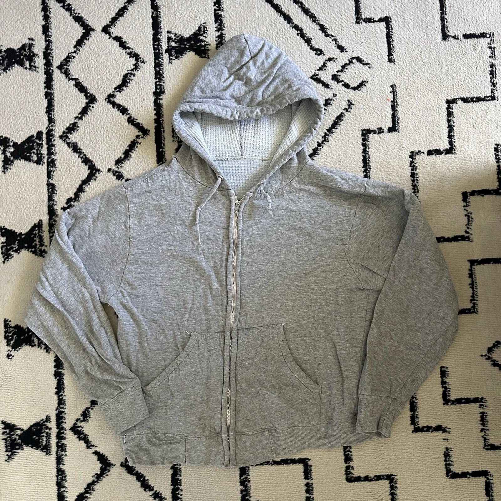 Vintage 60s 70s Hoodie Zip Up Thermal Lined Cotton Distressed Faded Size S XS