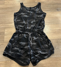 Athleta Girl On The Go Romper Girl's Sz M/8-10 Black Gray Camouflage Drawstring
