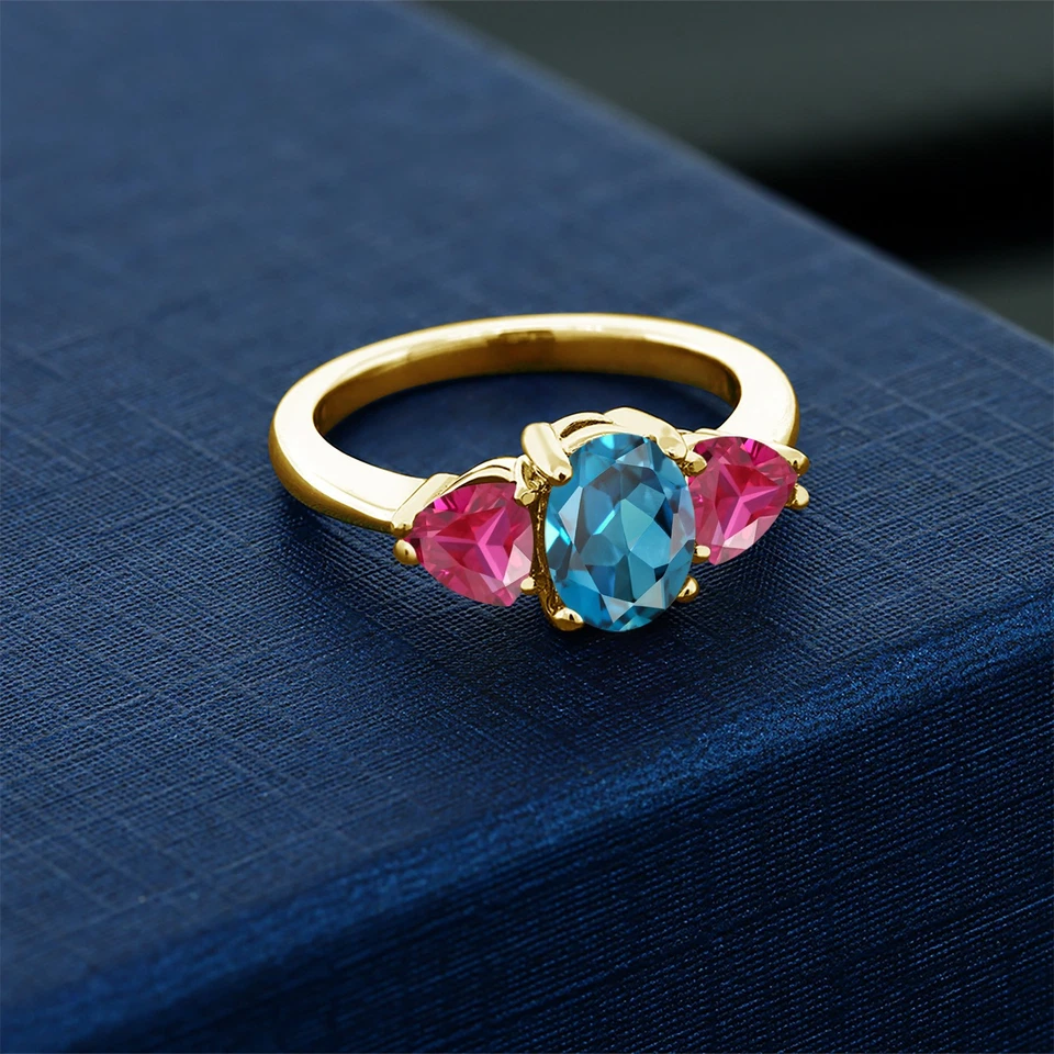 Anillo de plata chapado en oro amarillo de 18 quilates rubí rojo topacio azul Londres de 2,36 quilates Foto 3 de 4