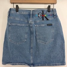 Calvin Klein Jeans High Rise Button Front Denim Mini Skirt Rainbow Logo W29