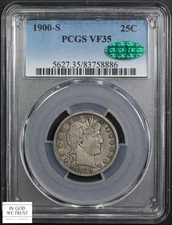 1900 S Barber Silver Quarter 25C PCGS VF 35 CAC