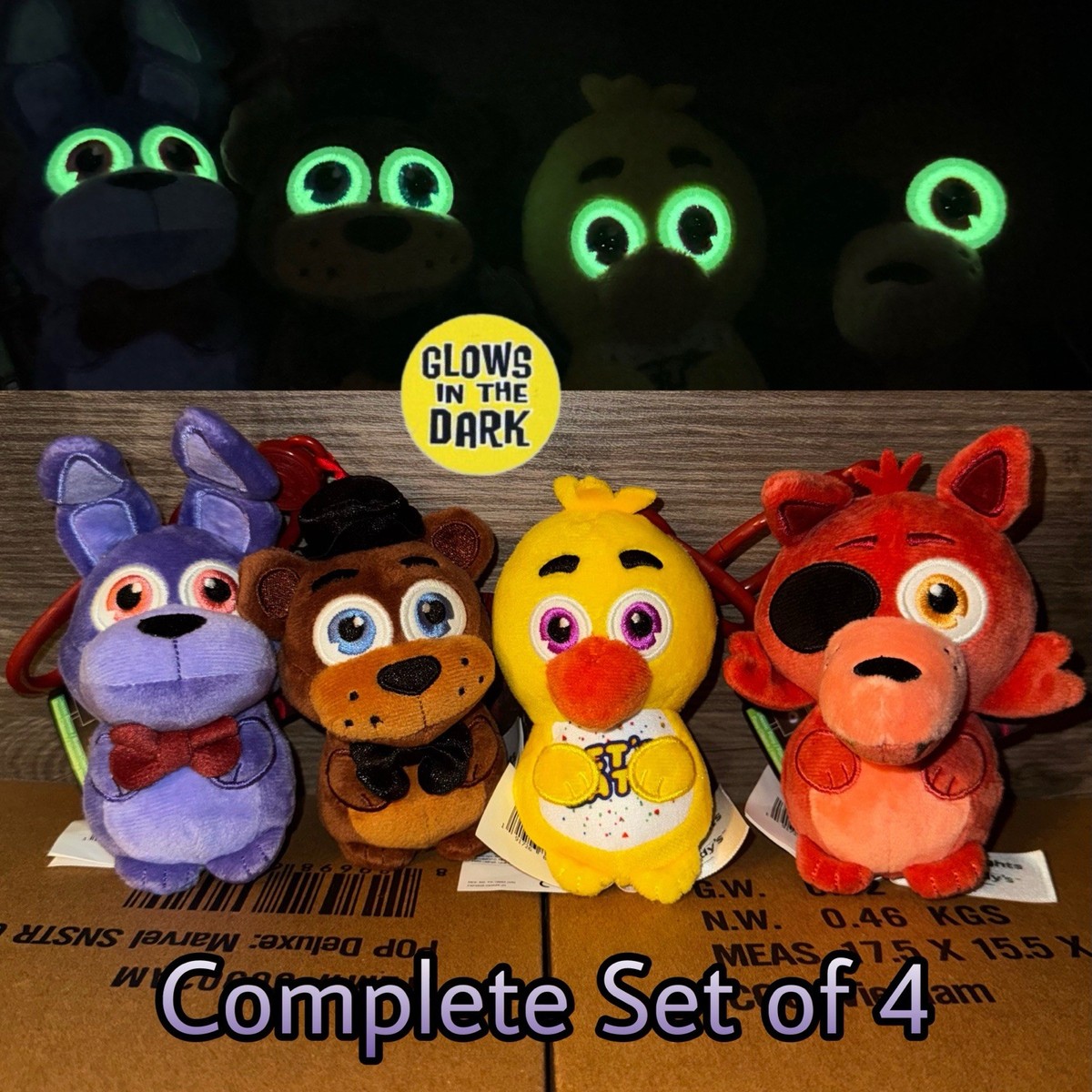 Complete Set Five Nights at Freddy's Jazwares Plush Keychains Glow