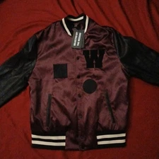 NEW Weeknd x H&M Varsity Satin Souvenir XO Purple Black Bomber Jacket Size Mediu