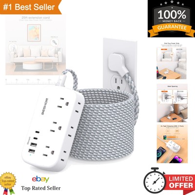 Flat Plug Extension Cord: 6 Outlets & 4 USB Ports for Home & Office Use - 25 Ft