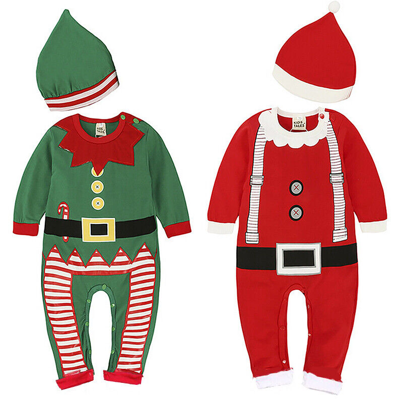 Junge Mädchen Weihnachtskleidung Santa Elfen Kostüm Baby Strampler Overall &Hut