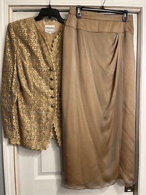 Vtg Lian Carlo Neiman Marcus Gold Lace Button Blazer silk Skirt Sz 12 Read