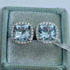 4Ct Cushion Cut Lab Created Aquamarine Women Stud Earrings 14K White Gold Plated
