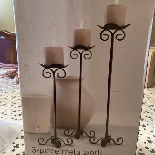 Martha Stewart 3-piece Metal Work Candlestick Set Black size 10, 12 & 14 inches - Picture 2 of 10