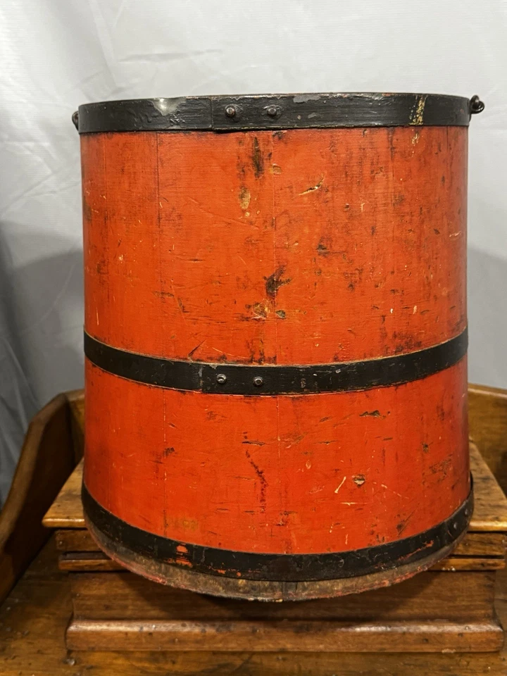 Antique Primitive Red Painted Oil Kerosene Wood Spigot Bucket Firkin - Image 4 of 4