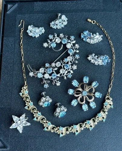 Vintage Floral Flower Blue Rhinestone Costume Jewelry Lot Earrings & Necklace