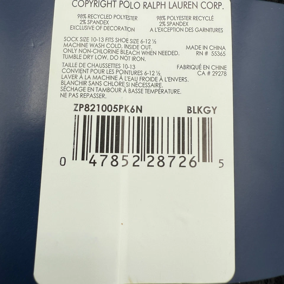 Paquete de 6 calcetines acolchados clásicos Polo Ralph Lauren para hombre talla 6-13 negros NUEVO Foto 3 de 3