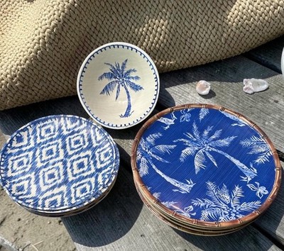 18 PIECES Member's Mark Cobalt Blue W Palm Trees Faux Rattan Trim PLATES BOWLS