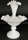 Fenton White Milk Glass Hobnail Single Horn Epergne Vase 10 5/8"