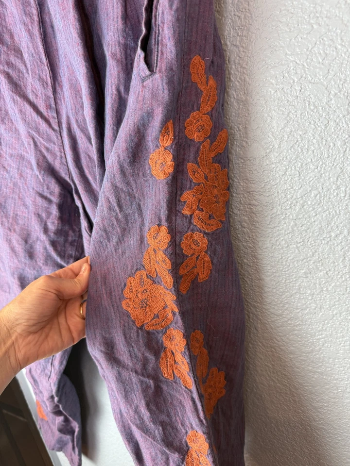 Pantalones Anthropologie Mujer Pequeños Floral Bordado Lino Cintura Elástica Boho Cas Foto 3 de 4