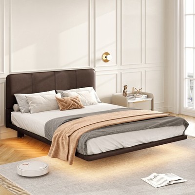 Full Queen Floating Bed Frame PU Leather Platform Bed, No Boxing Spring Needed