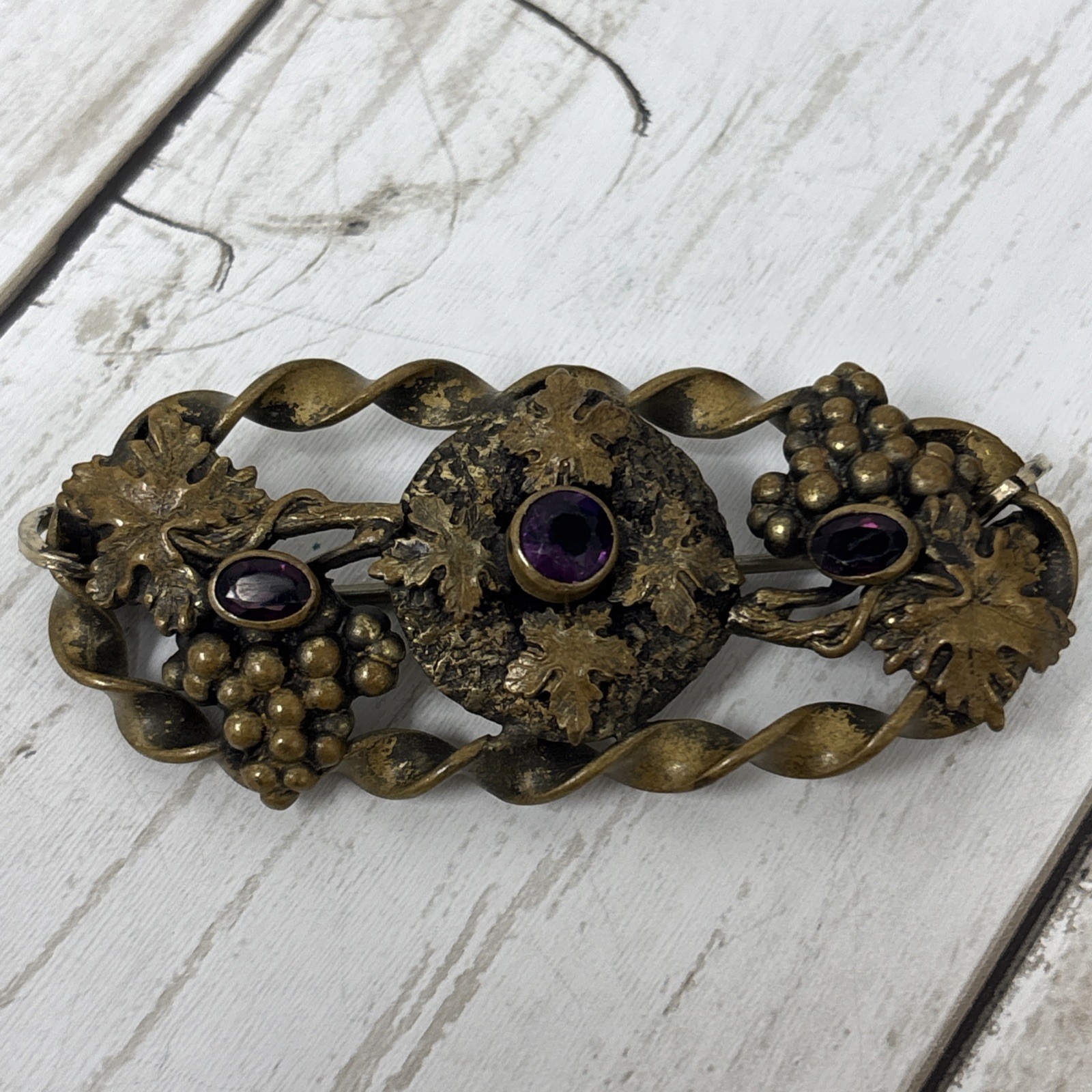 Antique Victorian Art Nouveau Brass Grape Vine Brooch with Amethyst Glass