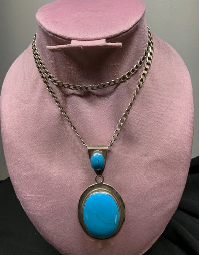 925 Sterling Silver Turquoise Oval Bezel Pendant Charm Curb Chain Signed - product listing photo