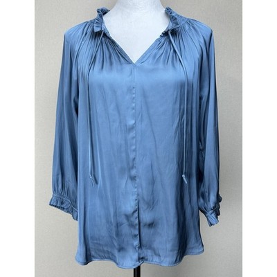 Carmen Marc Valvo Silky Slate Blue Blouse Sz Small Petite Classic Boho Flowy