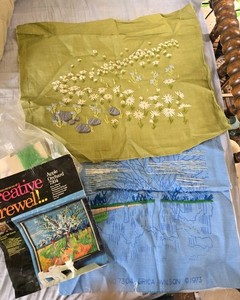Vtg Started Crewel Embroidery Minerva Erica Wilson Apple Orchard & Paragon Daisy
