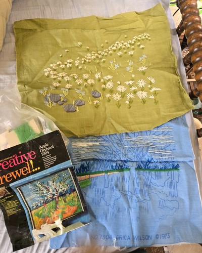 Vtg Started Crewel Embroidery Minerva Erica Wilson Apple Orchard & Paragon Daisy