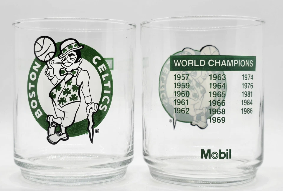 Vintage Set Of 2 1986 BOSTON CELTICS NBA World Champions 4" Mobil Drinking Glass - Image 2 of 4