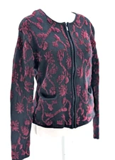 Field Manor Vtg Embroidered Floral Vines Black Bergundy Cardigan Sweater Size L