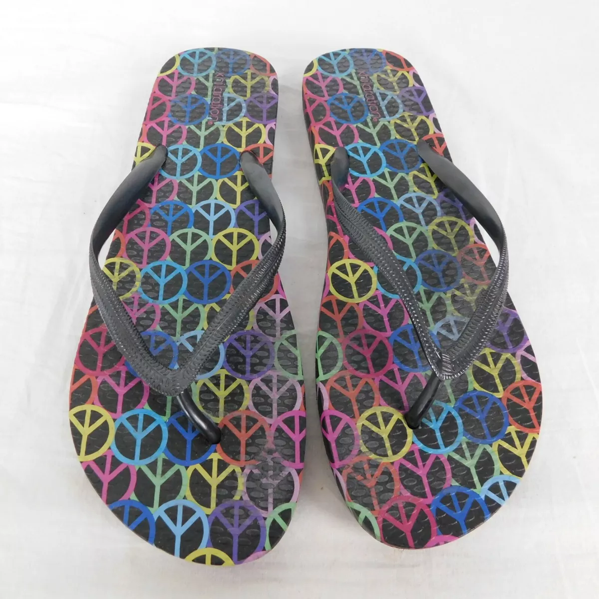 Xhilaration Flip Flops Womens Black w Multi Color Peace Signs Size
