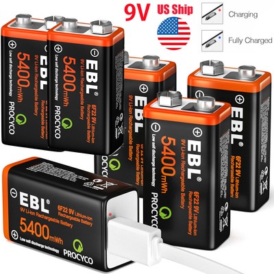 Lot 9V 9 Volt Li-ion USB Rechargeable Batteries 5400mWh Lithium Ion Battery Pack