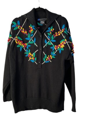 Vintage IB Diffusion Womans Black Cotton Sweater Colorful Multi Color Floral Med