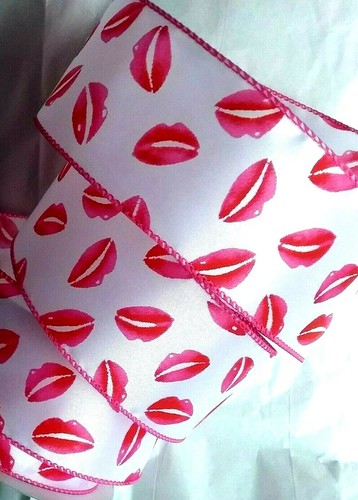 Valentine's Day Lips 2.5" by 3 yards White Satin Wired Ribbon Kiss Me #7106 - Picture 8 of 9