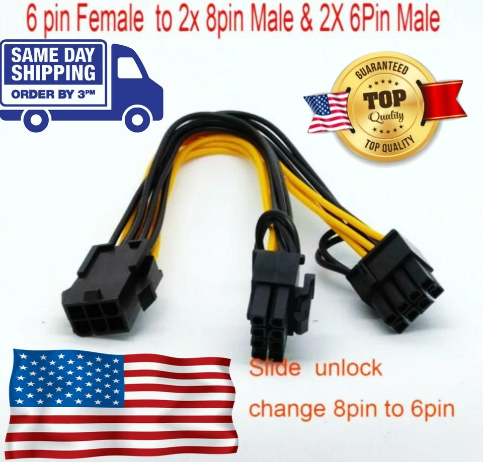 PCI Express 6-pin to Dual 8-pin (6+2 pin) GPU Video Card Power Adapter Cable  - Image 2 of 4