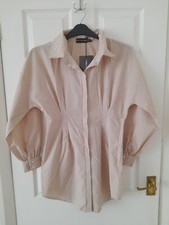 Pretty Little Thing Stone Long Sleeve Gingham Fitted Waist Shirt Dress Size 10