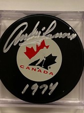 Andre Lacroix Signed Team Canada Puck 1974 with Protector & COA NHL WHA