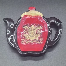 Bella Casa by Ganz Teapot Shaped Teabag Holder Brown & Red With Plant Design