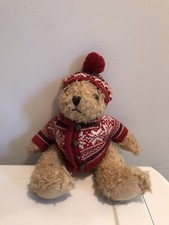 Brown Jointed Teddy Bear With Red Fair Isle Sweater Matching Cap