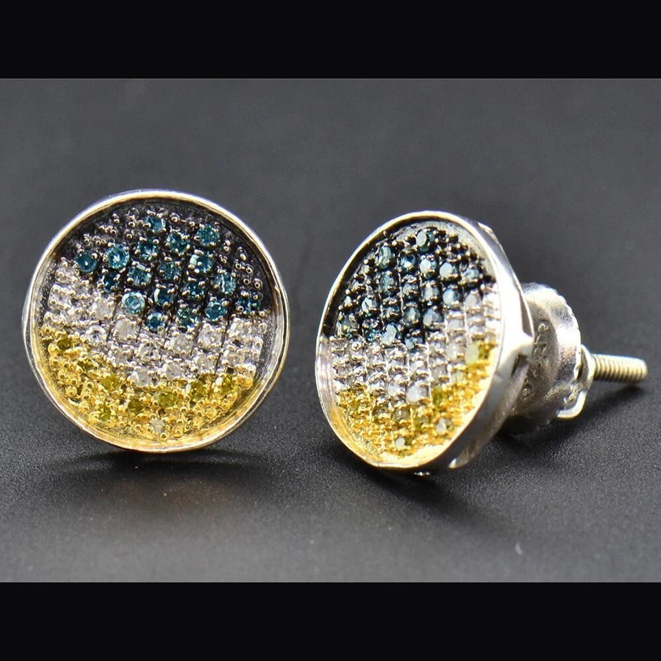 0.40 Ctw Created Blue & Yellow Diamond 14K White Gold Over Round Stud Earrings - Image 3 of 4