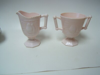  Shell Pink Milk Glass Creamer & Sugar Bowl Baltimore Pear Pattern VGC 