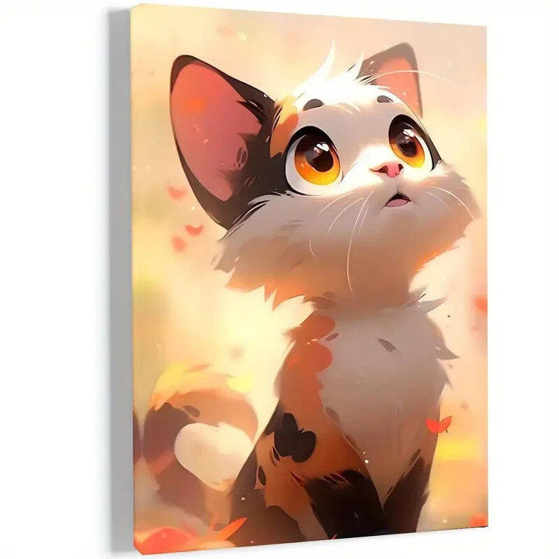 Cute Cat with Big Eyes Watching Leaves Wall Art  Canvas Unframed/Framed